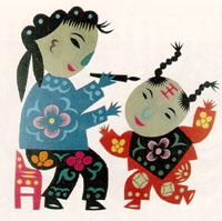 端午节画额。端午节,大人会用雄黄酒在孩子的头上写王字。